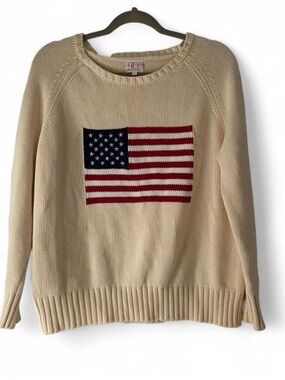 Pink Pineapple American Flag Knit Sweater Women's Small 100% Cotton Cream